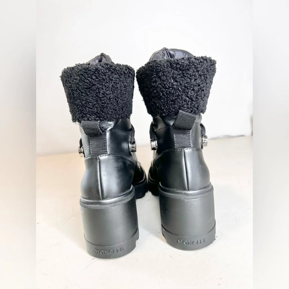 Moncler Corinne Leather And Faux Shearling Trimmed Black Boots Size 9